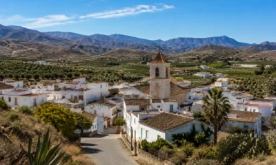 Traditional white village of Urracal in the Almanzora Valley surrounded by farmland and mountains in Almeria province