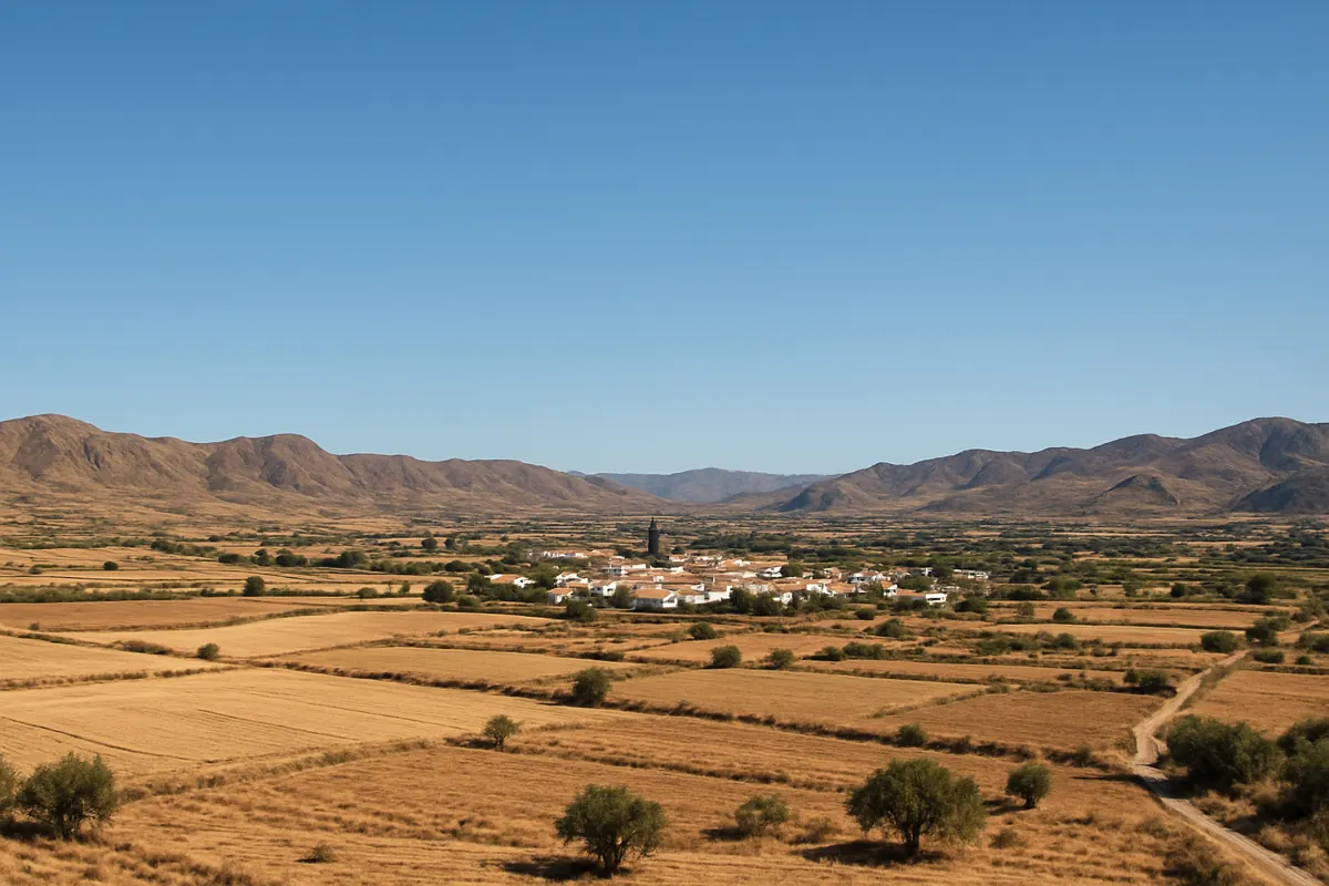 Sunlit Almanzora Valley dry farmland and hills under clear blue sky during heat alert.