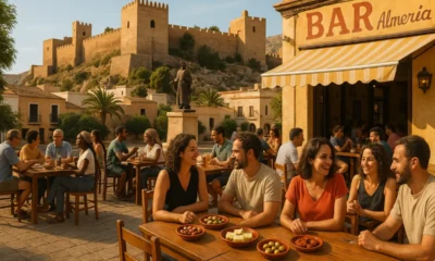 Terrace of Almeria bar with traditional tapas and Alcazaba fortress in the background