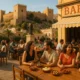 Terrace of Almeria bar with traditional tapas and Alcazaba fortress in the background