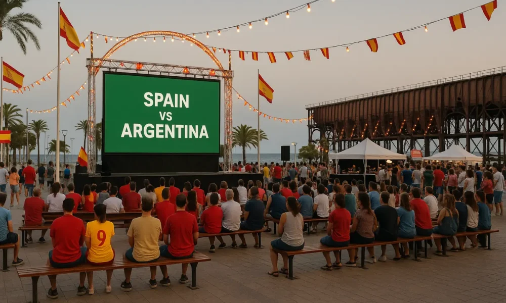 Las Almadrabillas beach with giant screen and fans ready for Spain-Argentina World Cup final.