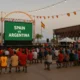 Las Almadrabillas beach with giant screen and fans ready for Spain-Argentina World Cup final.