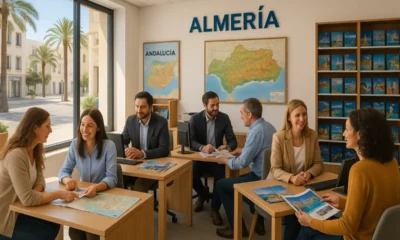 Busy travel agency in Almeria with customers and agents in natural Mediterranean light