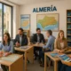 Busy travel agency in Almeria with customers and agents in natural Mediterranean light