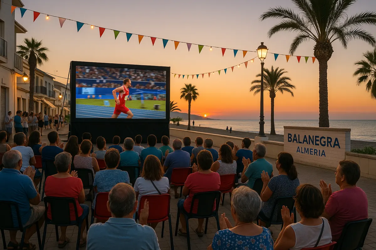 Community watching TVE Grand Prix on large outdoor screen in Balanegra, Almeria at sunset