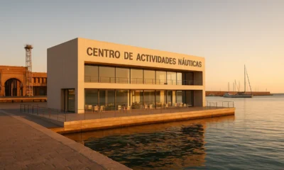 Centro de Actividades Náuticas building at Port of Almería in natural Mediterranean light at sunset