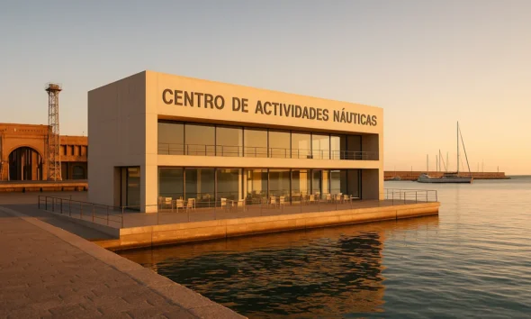 Centro de Actividades Náuticas building at Port of Almería in natural Mediterranean light at sunset