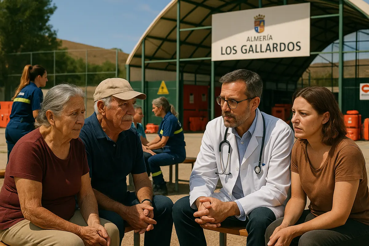 Family doctor and medical staff assisting evacuees during Los Gallardos wildfire crisis.
