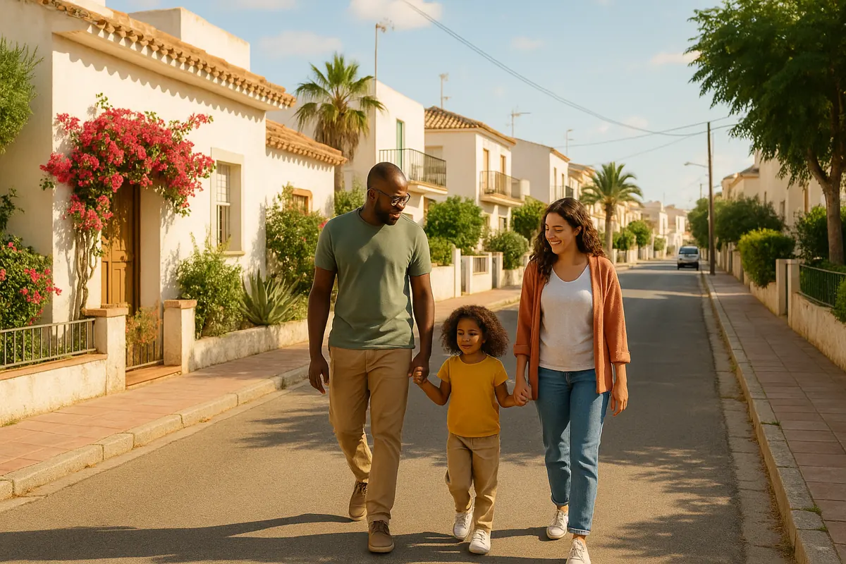 Family walking on a sunny street in Almeria with whitewashed houses and greenery.