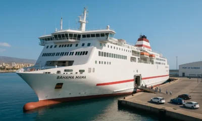 Ferry Bahama Mama docked at Almeria port on a sunny Mediterranean day.