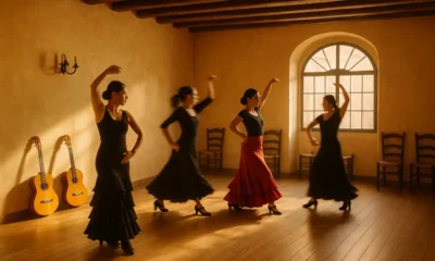 Flamenco dancers rehearsing in a bright studio in Huercal de Almeria.