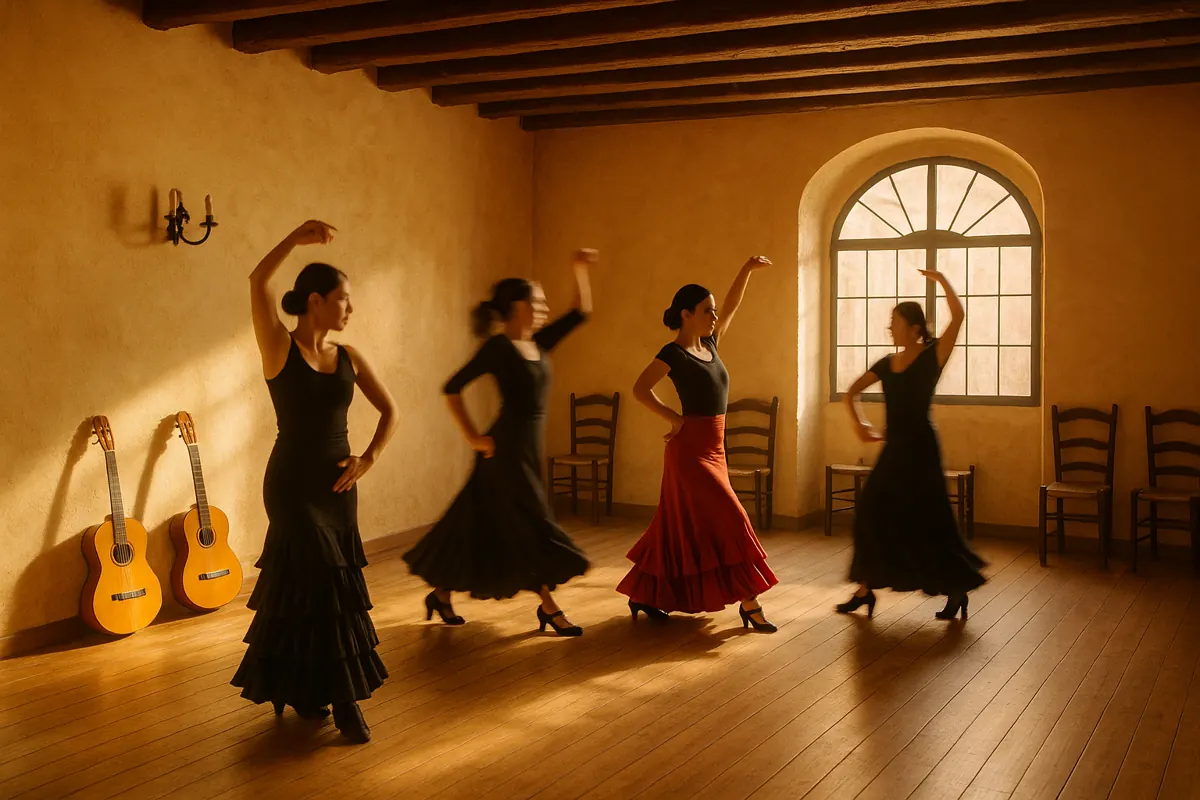 Flamenco dancers rehearsing in a bright studio in Huercal de Almeria.