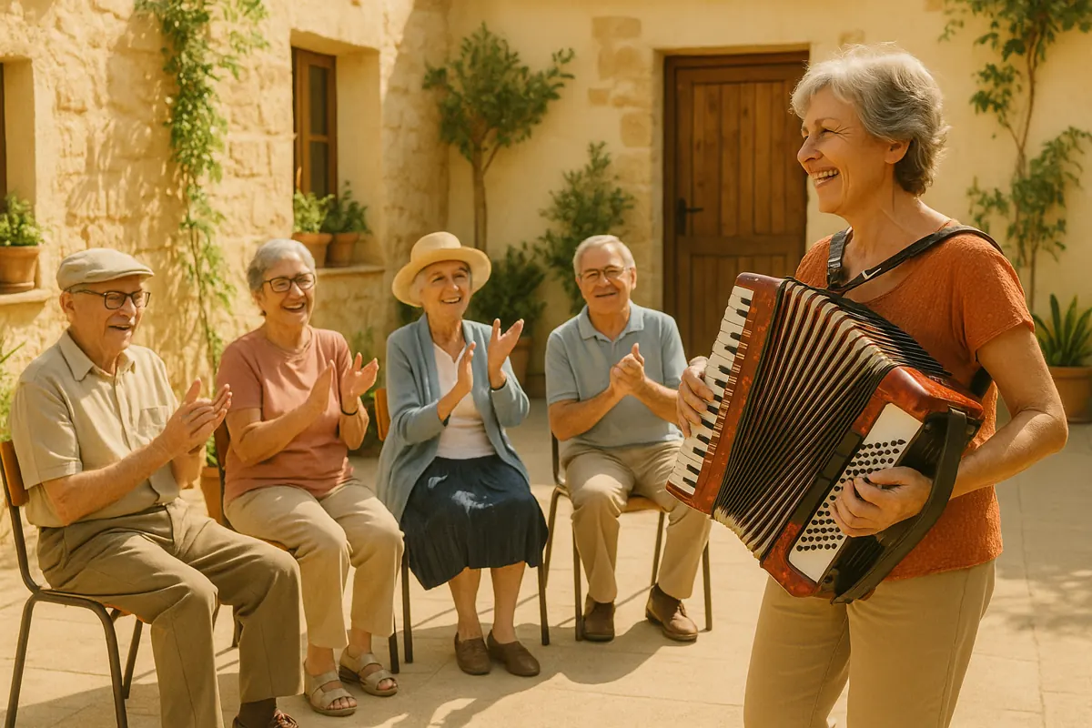 Elderly people enjoying an outdoor accordion music session at Almeria community center.