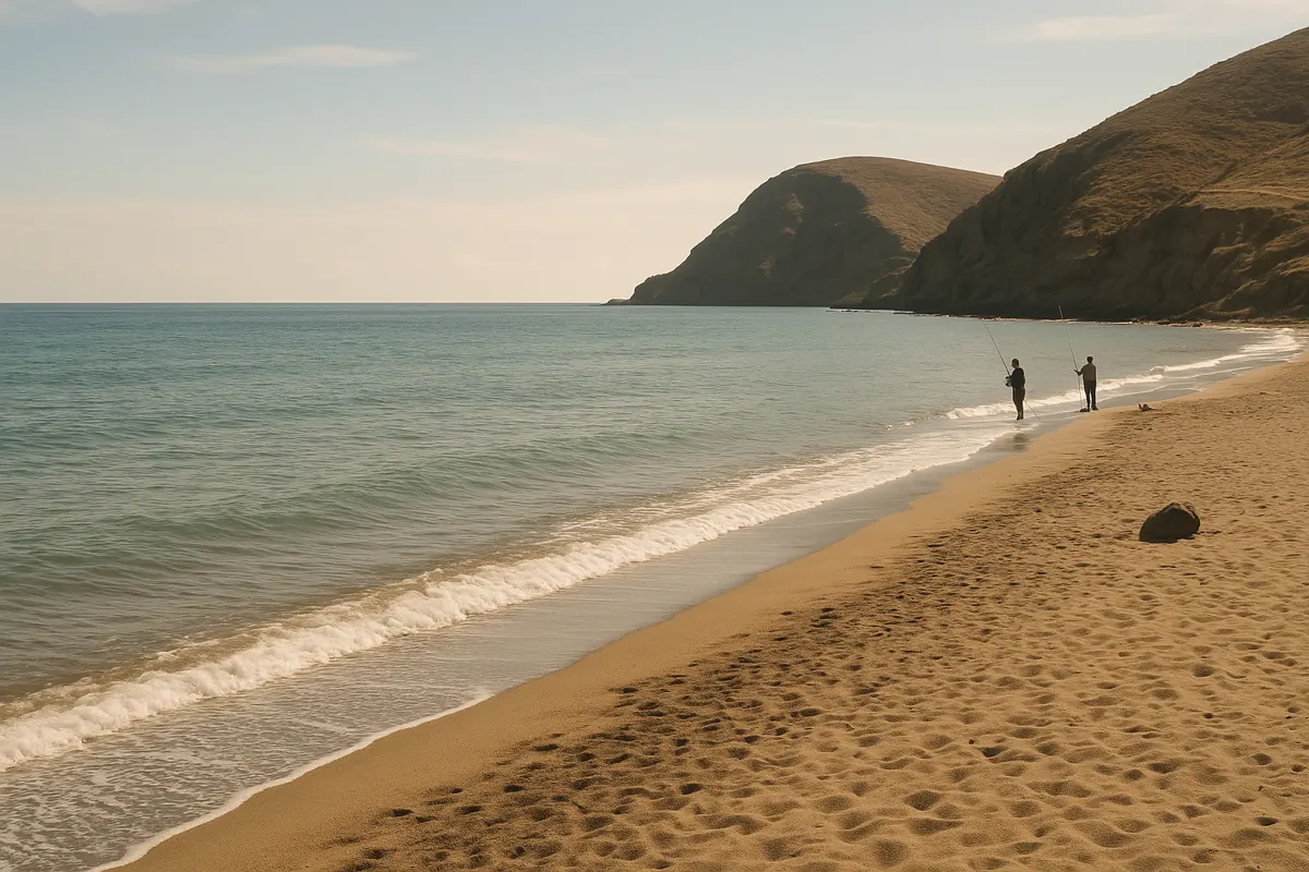 Calm Las Negras beach with sea, sand, cliffs, and distant fishermen under Mediterranean light.