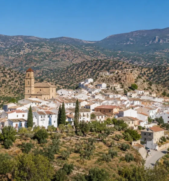 Panoramic view of Lubrín, a traditional white village in Almería, surrounded by olive groves, almond orchards and the rolling hills of the Sierra de los Filabres.