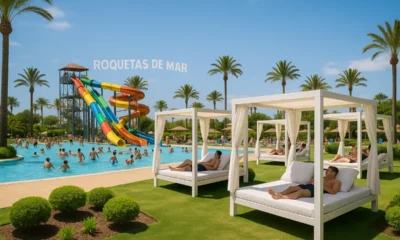 Balinese beds and family pool area at Mario Park water park in Roquetas de Mar under Mediterranean sunlight