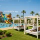 Balinese beds and family pool area at Mario Park water park in Roquetas de Mar under Mediterranean sunlight