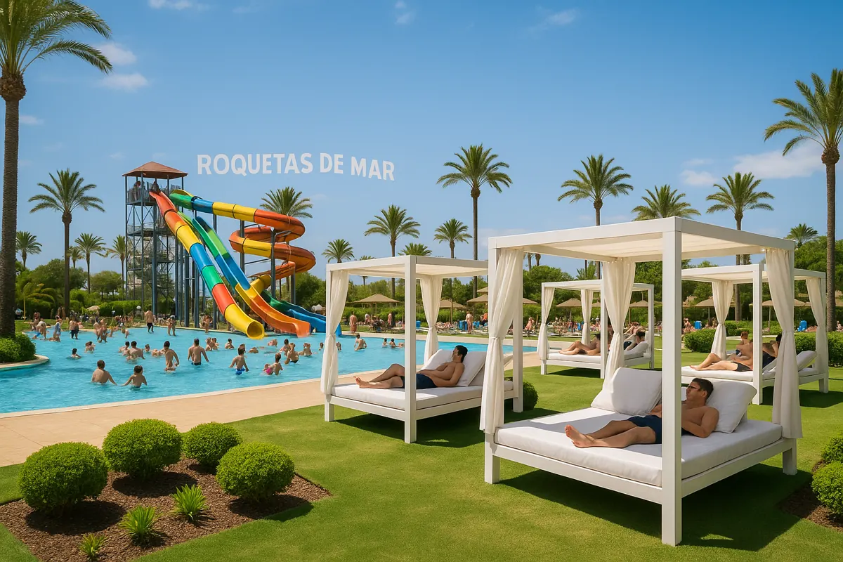 Balinese beds and family pool area at Mario Park water park in Roquetas de Mar under Mediterranean sunlight