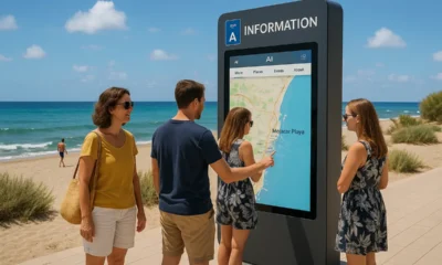 AI-powered tourist info point with digital screen at Mojacar Playa beach under Mediterranean sunlight