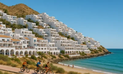 Mojacar town with hotels and tourists enjoying summer sunlight and coastal cycling trails