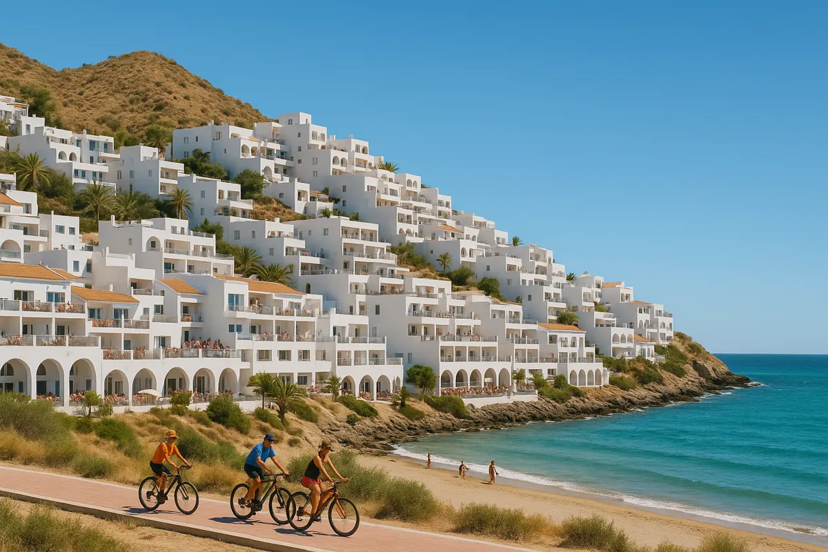 Mojacar town with hotels and tourists enjoying summer sunlight and coastal cycling trails