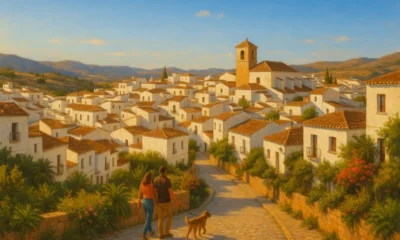 Couple walking dog in a peaceful small town in Almeria under warm Mediterranean light