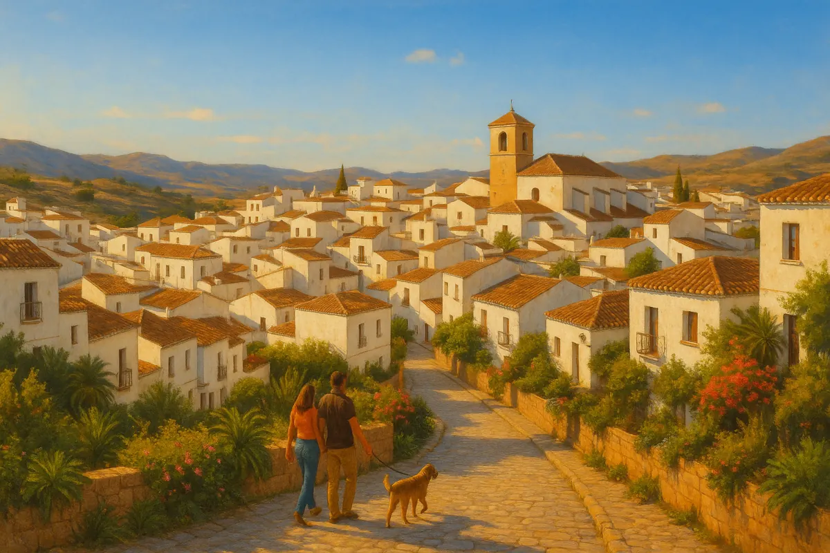 Couple walking dog in a peaceful small town in Almeria under warm Mediterranean light