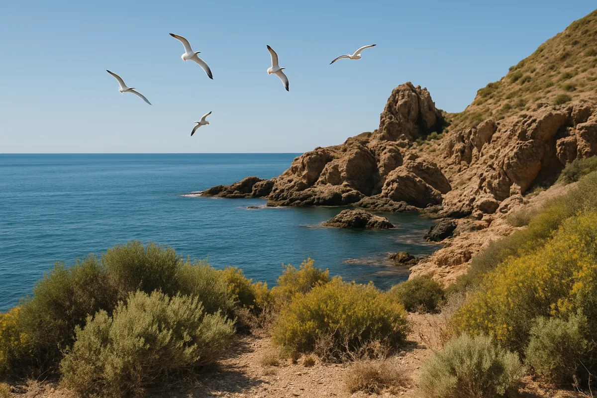 Rocky coastline near Roquetas de Mar with seagulls flying under Mediterranean light