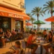 Outdoor ice cream terrace in Roquetas de Mar with customers enjoying artisan ice cream and frozen yogurt.