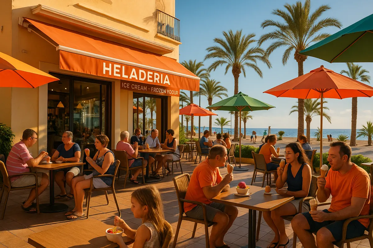 Outdoor ice cream terrace in Roquetas de Mar with customers enjoying artisan ice cream and frozen yogurt.