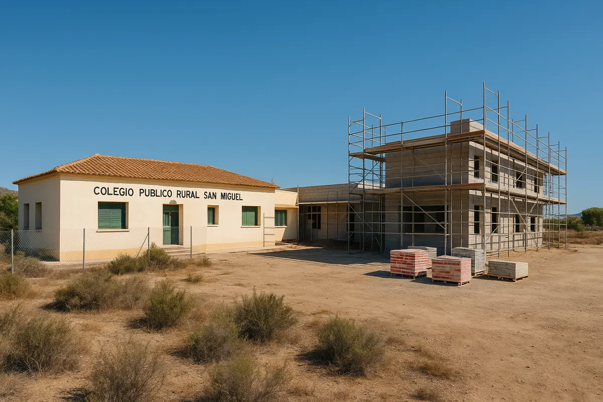 San Miguel CPR Pulpi school with existing building and new expansion construction site under Mediterranean sun