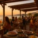 Sunset at a lively seaside chiringuito in Almeria with grilled meats, seafood, and patrons dining outdoors