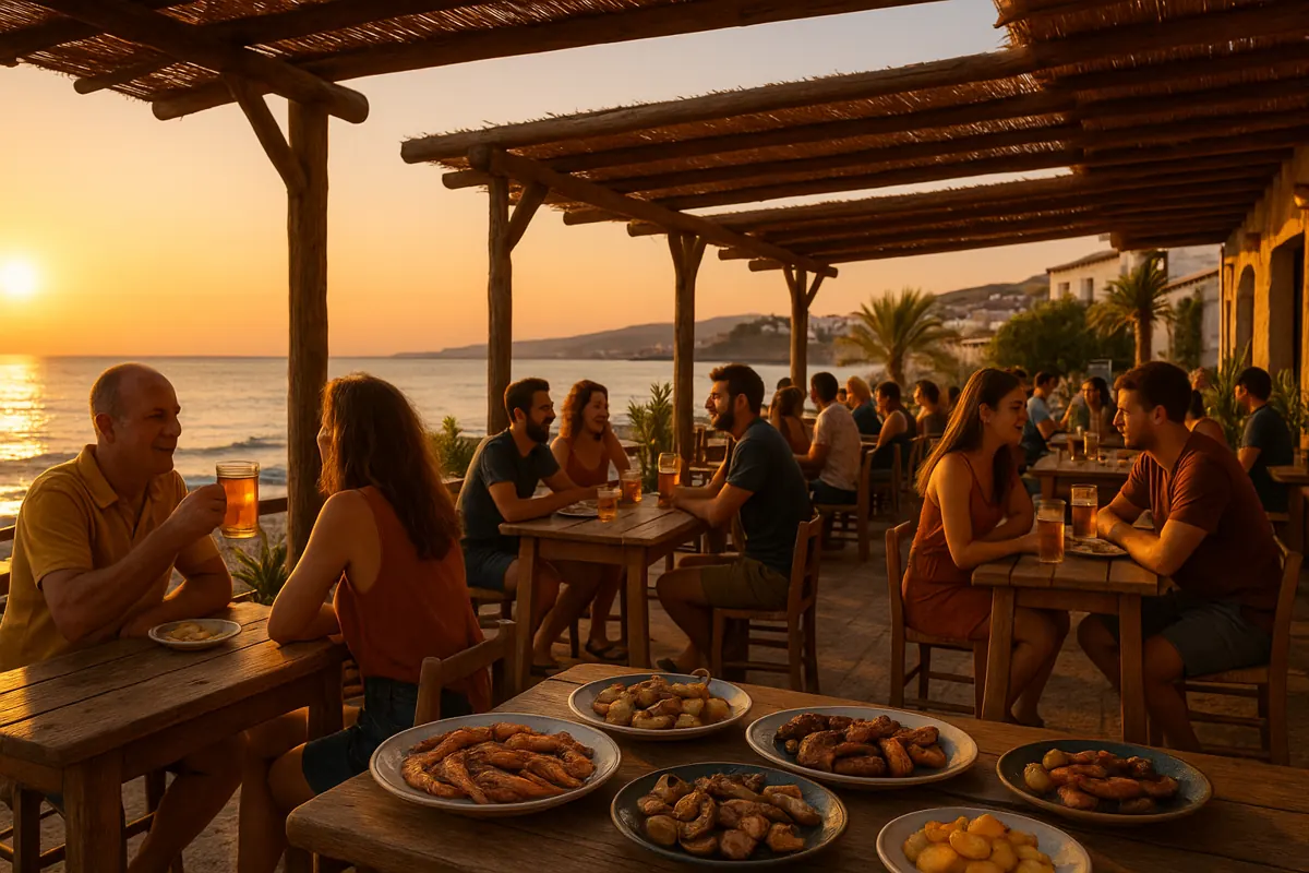 Sunset at a lively seaside chiringuito in Almeria with grilled meats, seafood, and patrons dining outdoors