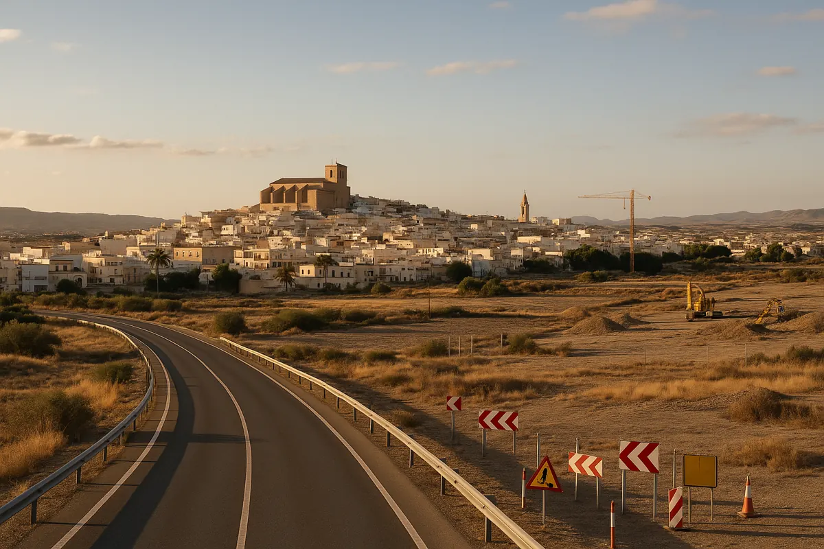 View of Vera town and A-352 road near future high-speed train station site in natural Mediterranean light