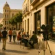 Street scene in Almería during the 25th Film Festival with film-themed decorations and local architecture.
