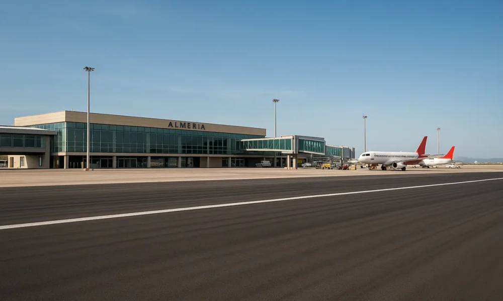 Almeria Airport runway and terminal with clear skies and updated infrastructure