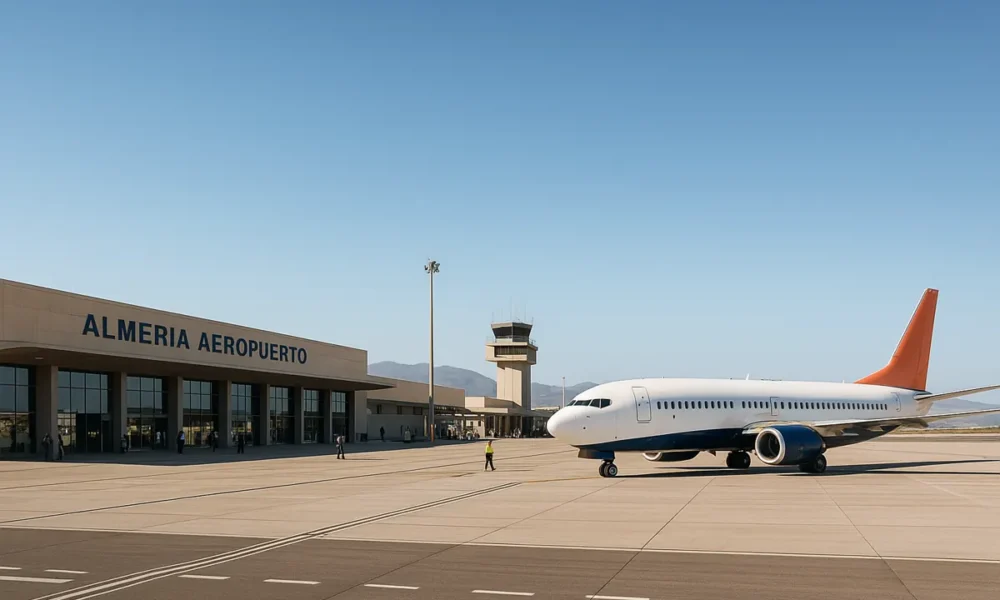 Almeria Airport with a UK airline jet ready for departure under clear Mediterranean skies.