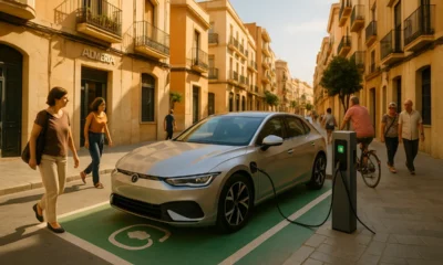 Electric vehicle charging station in Almería with green parking marks and city street scene