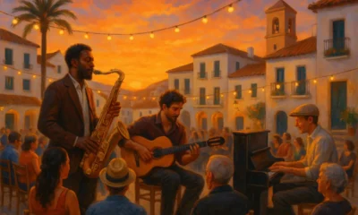 Jazz concert in an Almeria town square during sunset with musicians and audience.