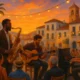 Jazz concert in an Almeria town square during sunset with musicians and audience.