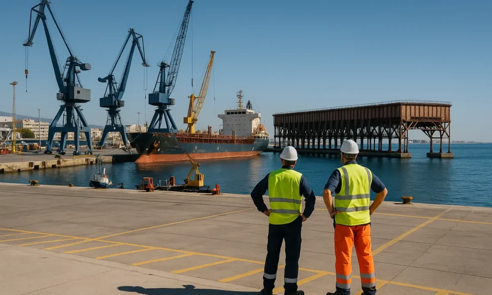 Port of Almeria's Levante Dock with historic Cable Ingles pier and ongoing infrastructure activity under Mediterranean l