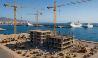 Construction of new cruise terminal at Almeria Port with cranes and maritime facilities in view