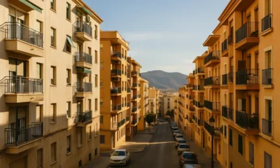Sunlit apartment buildings on a residential street in Almeria city