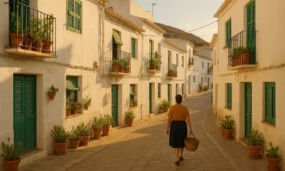 Residential street with whitewashed houses and local life in Almería town.