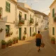 Residential street with whitewashed houses and local life in Almería town.