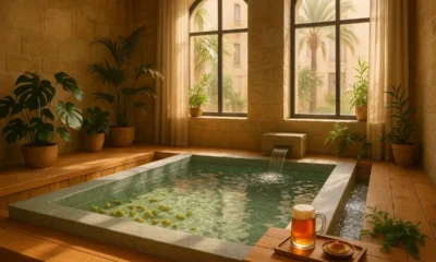 Serene indoor beer bath at Almeria spa with warm light and natural wood design