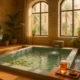 Serene indoor beer bath at Almeria spa with warm light and natural wood design