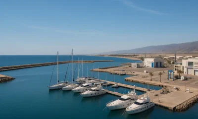 Panoramic view of Almerimar port with marina, yachts, and coastal infrastructure in natural daylight.