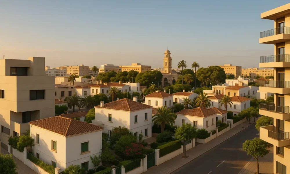 Ciudad Jardin neighborhood showing modern and traditional homes in soft Mediterranean sunlight.