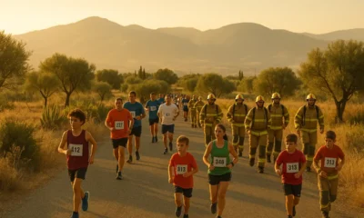 Runners and firefighters in full gear during solidarity race near Dalias, Almeria at sunset